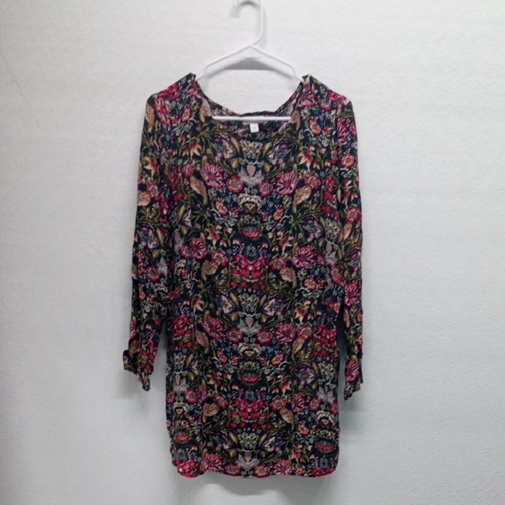 J. Jill Dark Green With Multicolor Floral Long Sleeve Blouse